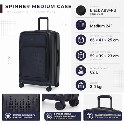 Hybrid ABS+PU Hard Shell Black Suitcase Set 8 Wheel Front Pocket Luggage