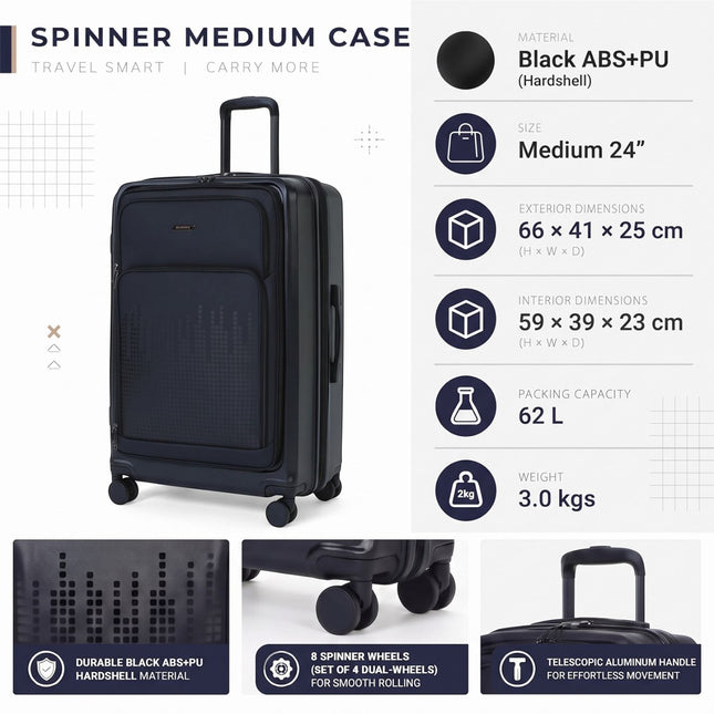 Hybrid ABS+PU Hard Shell Black Suitcase Set 8 Wheel Front Pocket Luggage