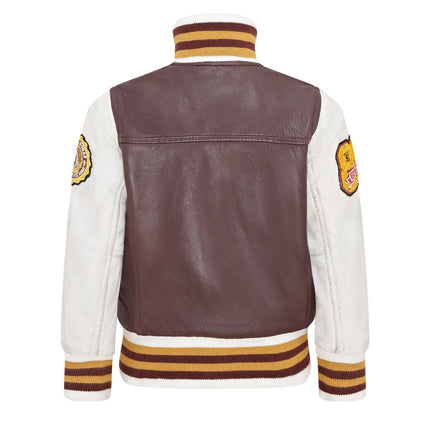 Kids Burgundy Letterman Leather Varsity College Bomber Jacket