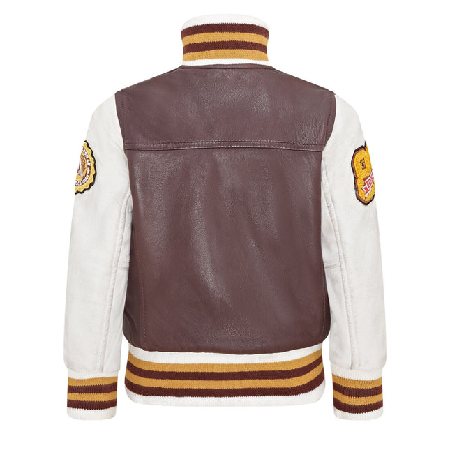 Kids Burgundy Letterman Leather Varsity College Bomber Jacket