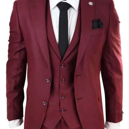 New Mens 3 Piece Suit Plain wine Classic Tailored Fit Smart Casual 1920s Formal