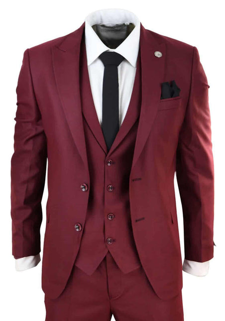 New Mens 3 Piece Suit Plain wine Classic Tailored Fit Smart Casual 1920s Formal