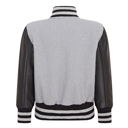 Kids Grey Wool Varsity Bomber Jacket with Real Leather Sleeves