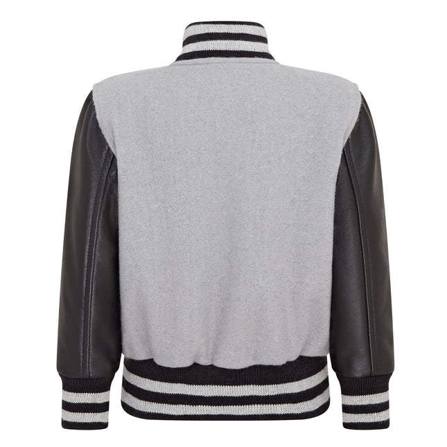 Kids Grey Wool Varsity Bomber Jacket with Real Leather Sleeves