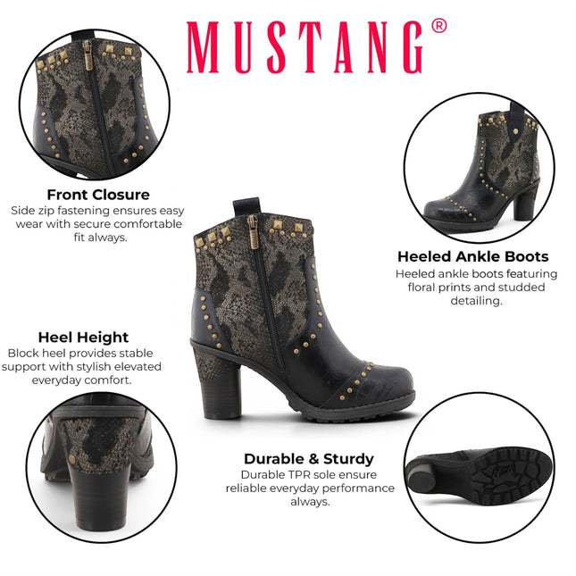 Mustang Women's Black Floral Heeled Ankle Boots - M0162012