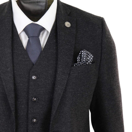 Mens 3 Piece Black Wool Tweed Vintage Retro Suit