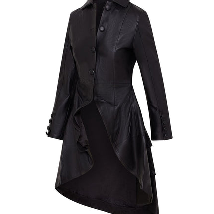 Womens Gothic Full Length Leather Coat Victorian Flare Goth Punk