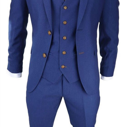 Mens 3 Piece Royal Blue Birdseye Classic Suit