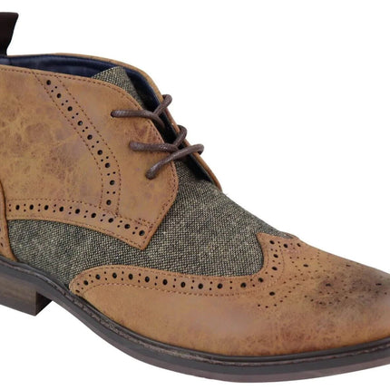 Mens Classic Tweed Oxford Brogue Ankle Boots In Tan Leather