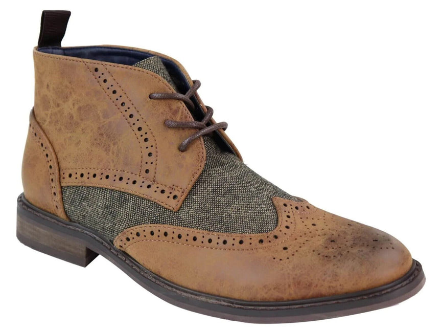 Mens Classic Tweed Oxford Brogue Ankle Boots In Tan Leather