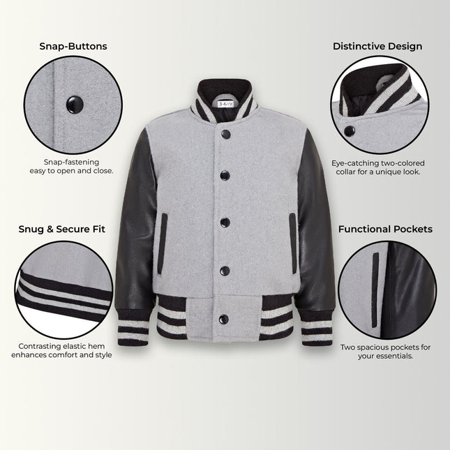 Kids Grey Wool Varsity Bomber Jacket with Real Leather Sleeves