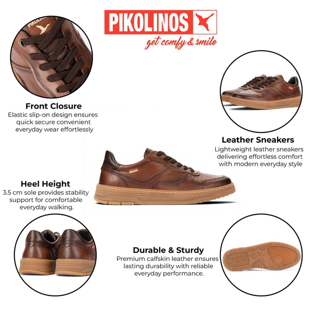 Pikolinos Men's Brown Leather Sneaker Trainers Lace-Up Sports Shoes - Salinas