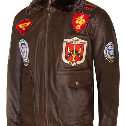 Mens Brown Leather US Aviator Bomber Jacket - Warsaw