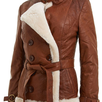 Womens Tan Double Breasted Sheepskin Aviator Jacket-Leshan