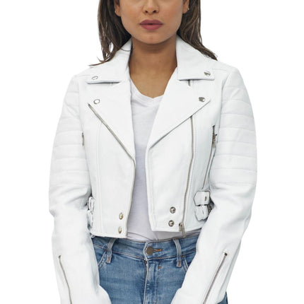 Womens Cropped Brando Leather Biker Jacket-Damascus