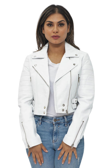 Womens Cropped Brando Leather Biker Jacket-Damascus