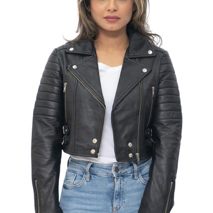 Womens Cropped Brando Leather Biker Jacket-Damascus