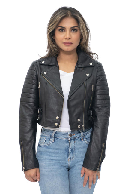 Womens Cropped Brando Leather Biker Jacket-Damascus