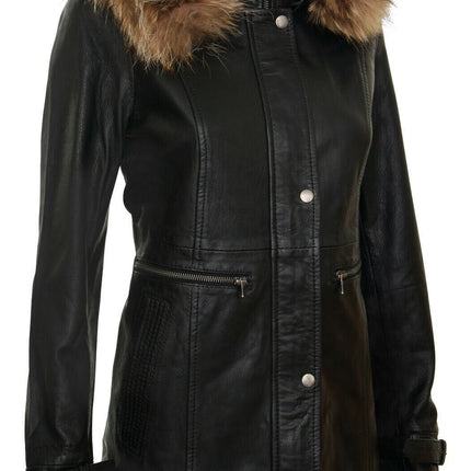 Womens Warm Leather Hooded Parka Jacket-Northwich