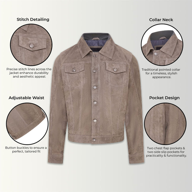 Mens Goat Suede Jeans Jacket Trucker Casual Denim Leather Shirt