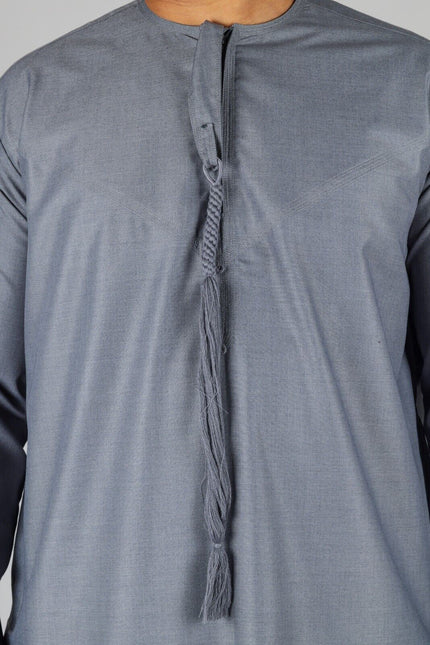 Men's Grey Thobe Emirati Islamic Jubba Robe Eid Tassel Regular Fit