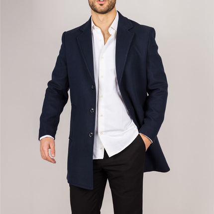 Men's Notched Lapel Collar Wool Blend Navy Overcoat