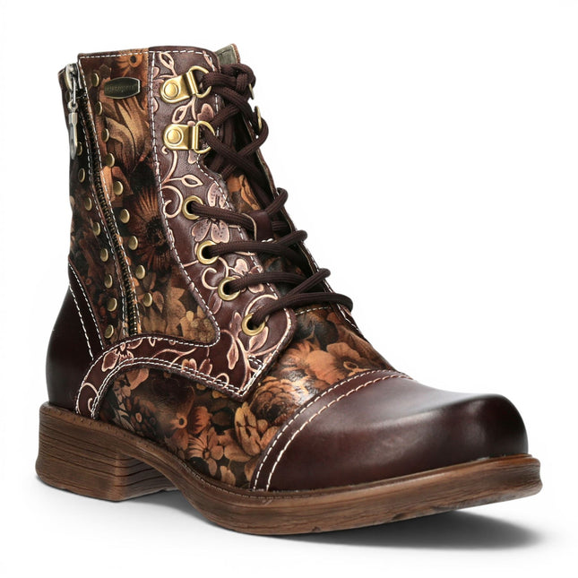 Laura Vita Women's Brown Floral Victorian Leather Lace-up Ankle Boots - Anitao - 11