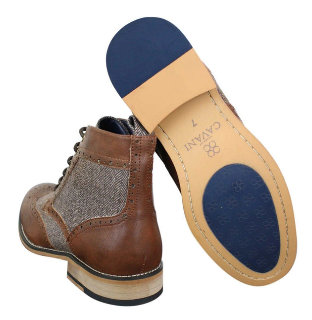 Mens Classic Tweed Oxford Ankle Boots In Brown Leather