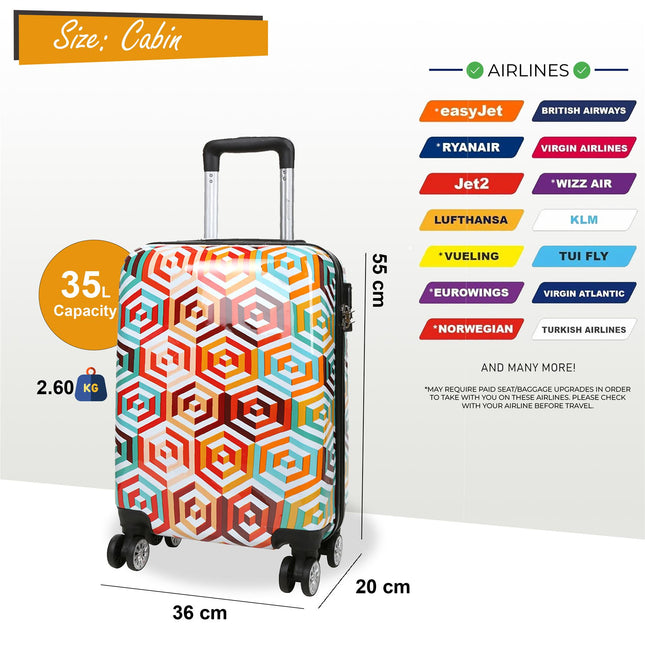 Hard Shell Printed Cabin 55 x 36 x 20 cm PP Suitcase Luggage Suitable for Easyjet, Ryanair