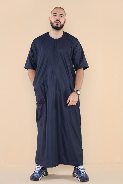 Mens Navy Thobe Jubba Islamic Arab Moroccan Saudi Zipped Kaftan Arab Robe
