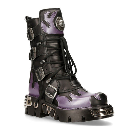 New Rock Flame Accented Black/Red Leather Biker Skull Boots- M-591-S5
