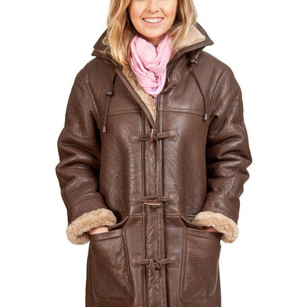 Womens Brown Hooded Sheepskin Leather Duffle Coat-Charlotte