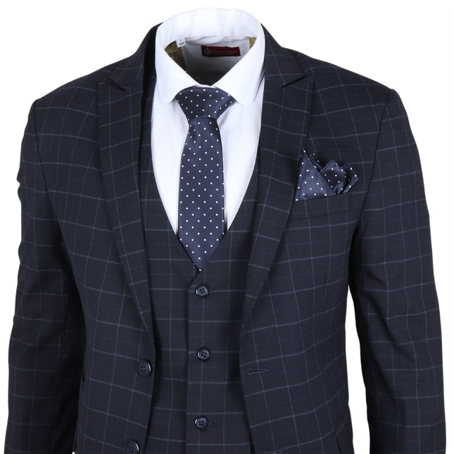 Men's Navy Checked 3 Piece Suit Tailored Fit