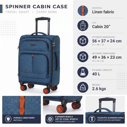 Soft Shell Linen Cabin Suitcase 56x37x24cm 8 Wheel Hand Luggage