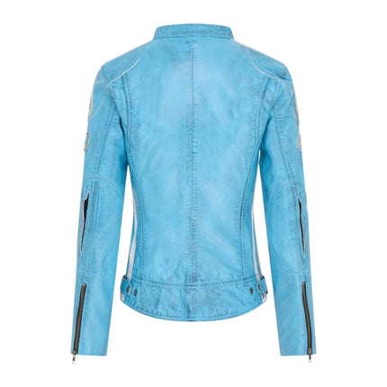 Womens Biker Racing Badges Blue Leather Jacket-Eastleigh