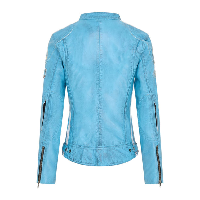 Womens Biker Racing Badges Blue Leather Jacket-Eastleigh