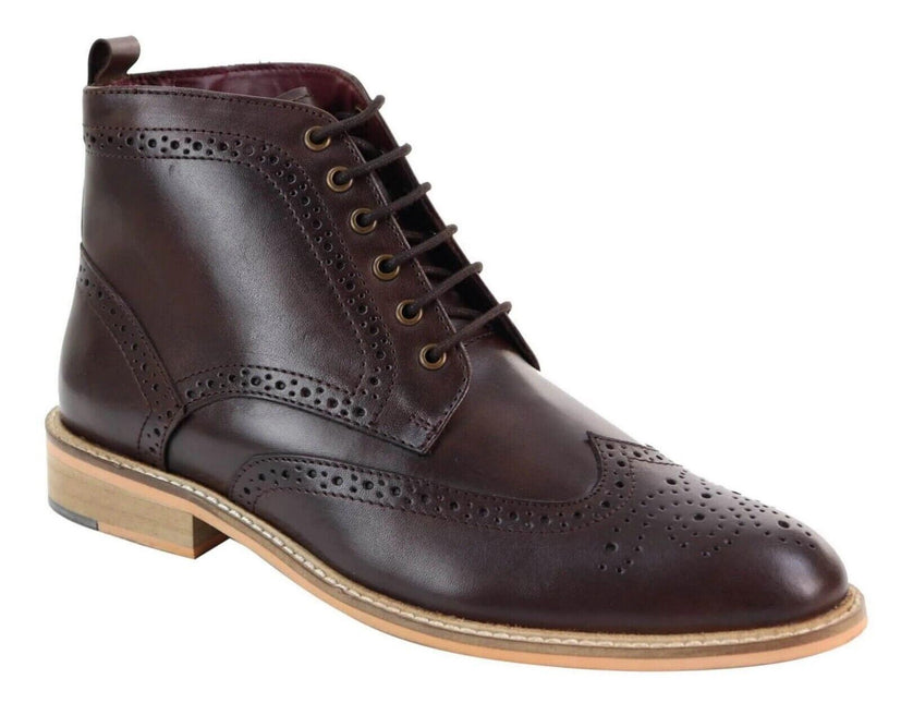 Mens Classic Oxford Brogue Ankle Boots In Brown Leather