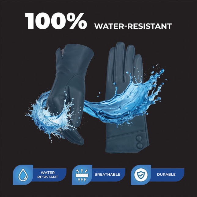 Womens Teal Green Italian Leather Winter Button Design Soft Wool Lining Gloves - L-GLV-501