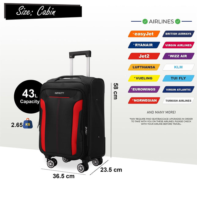 Soft Cabin Suitcase 36.5 x 23.5 x 58 cm Nylon 900D Suitable Integrated Lock for Easyjet, Ryanair, Wizzair