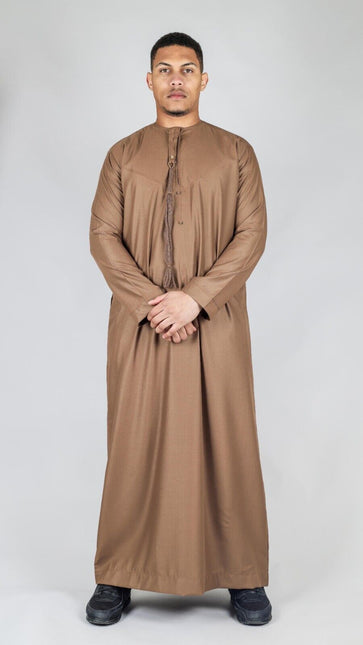 Men's Brown Thobe Emirati Islamic Jubba Robe Eid Tassel Regular Fit