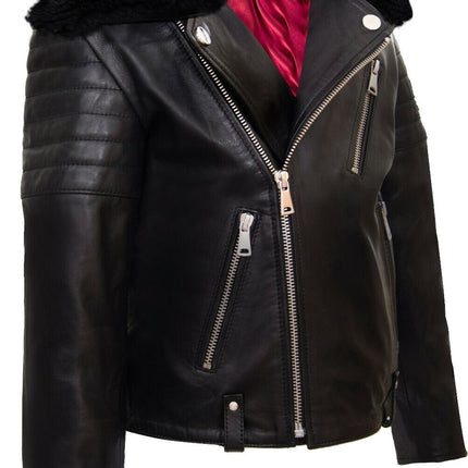 Kids Boys 100% Leather Detachable Collar Biker Jacket