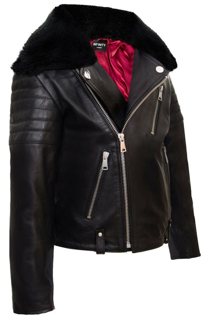 Kids Boys 100% Leather Detachable Collar Biker Jacket