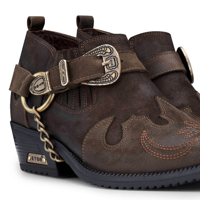Men's Brown Leather Metal Chain Winklepicker Cowboy Boots