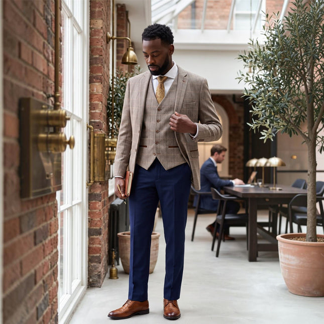 Men's Brown Tweed Suit with Mayfair Navy Trousers - Harris