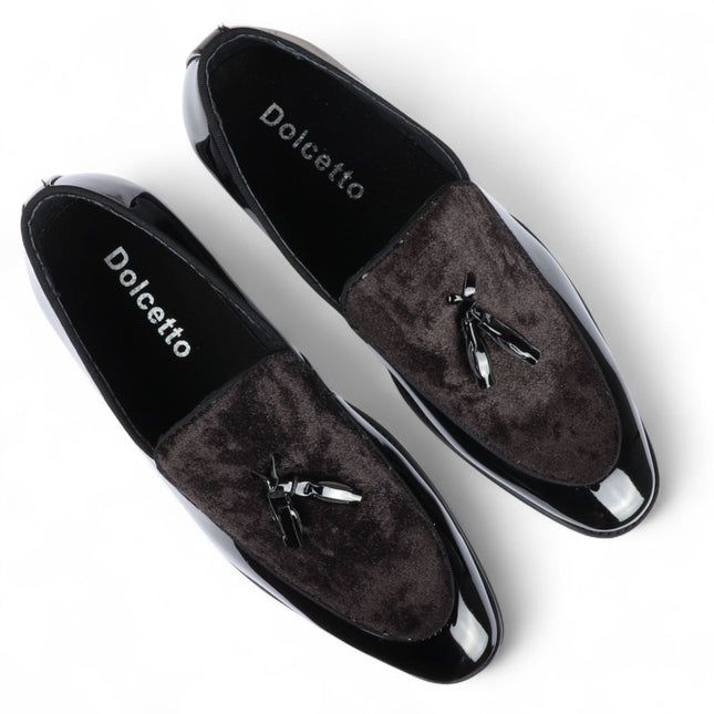 Men's Black Velvet Tassel Loafers Formal Patent Dress Shoes