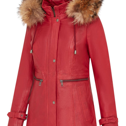 Womens Warm Leather Hooded Parka Jacket-Northwich