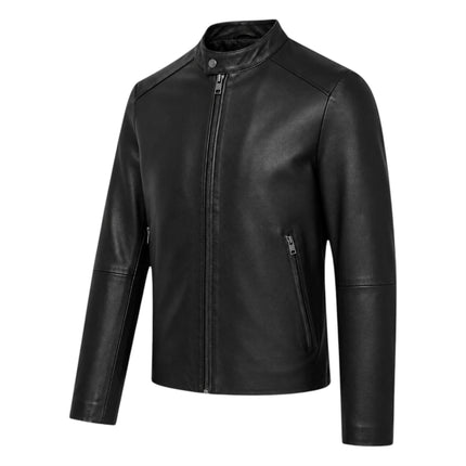 Mens Leather Black Stand Collar Cafe Racer Biker Jacket - E184