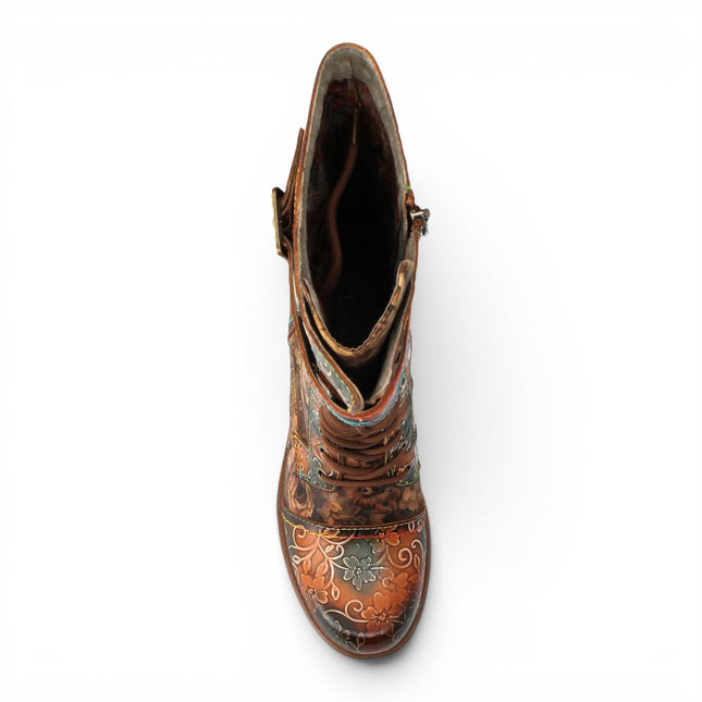 Laura Vita Women's Tan Floral Victorian Leather High Combat Long Boots - Anitao-21
