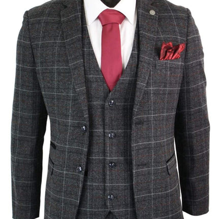 Mens 3 Piece Charcoal Grey Tweed Check Vintage Retro Suit