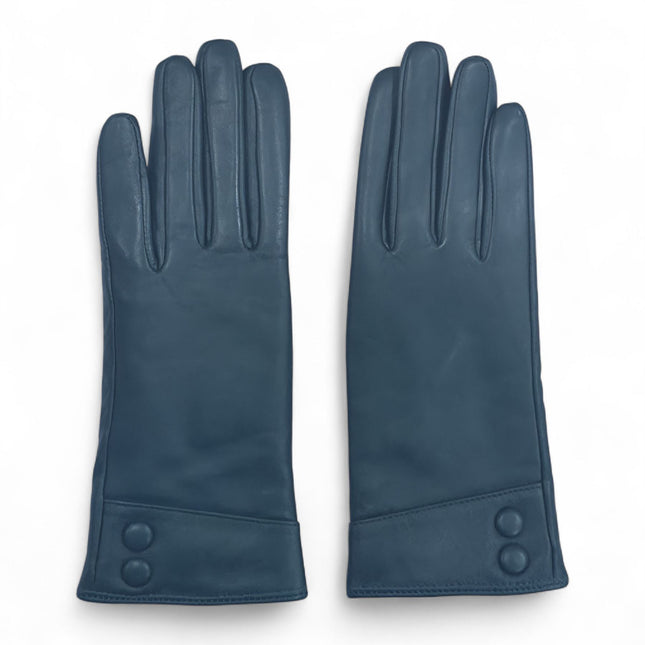 Womens Teal Green Italian Leather Winter Button Design Soft Wool Lining Gloves - L-GLV-501